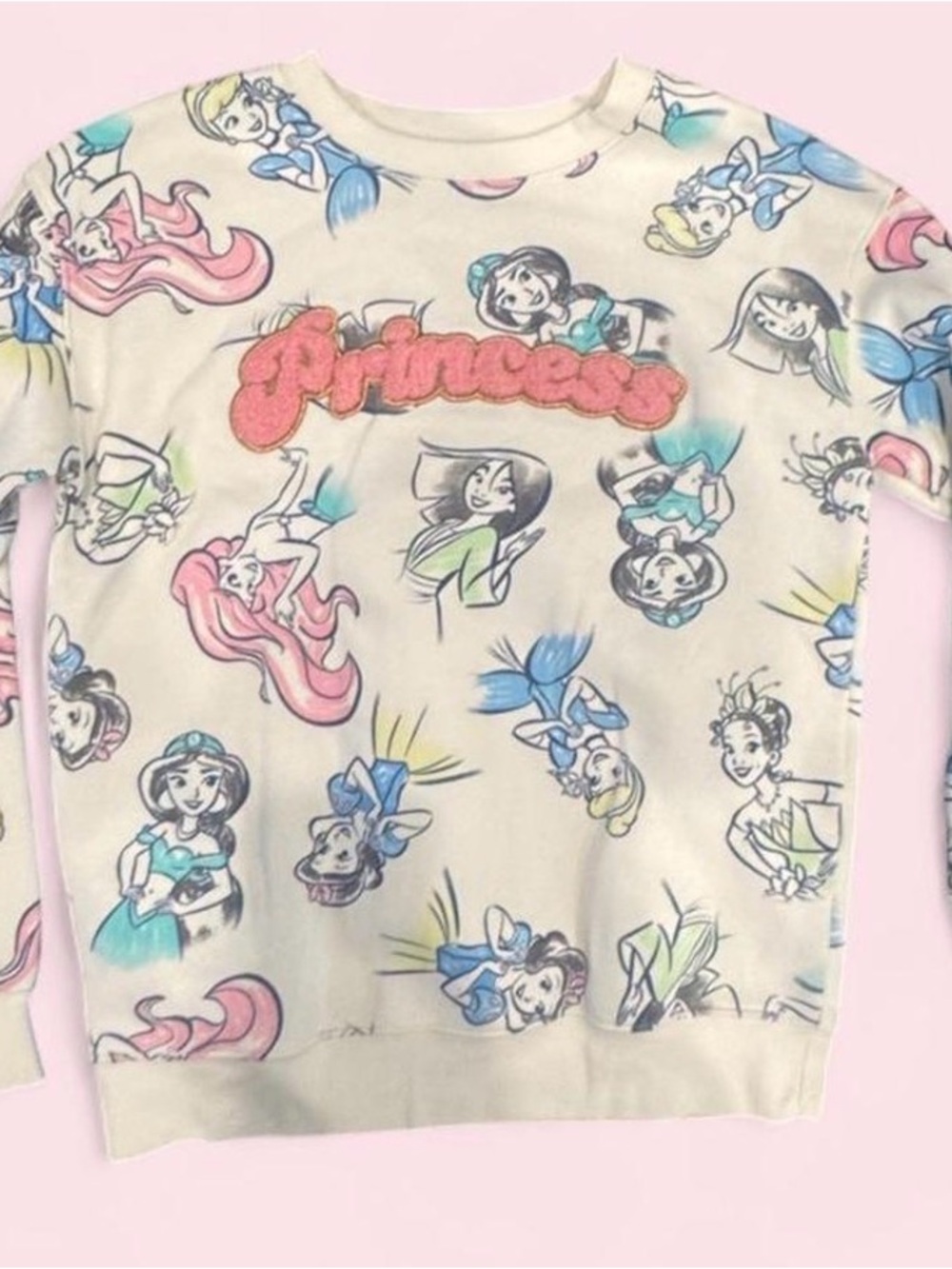 Disney Cream Princess Allover Sketch Sweatshirt with Pink Flocked Logo